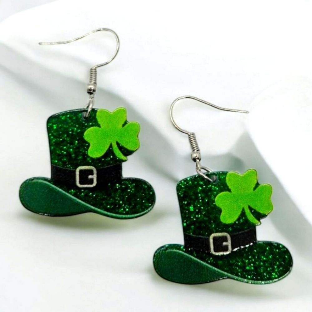 Green Shamrock Hat Earrings 🍀Glitter Acrylic St Patrick's Ireland Irish Festive